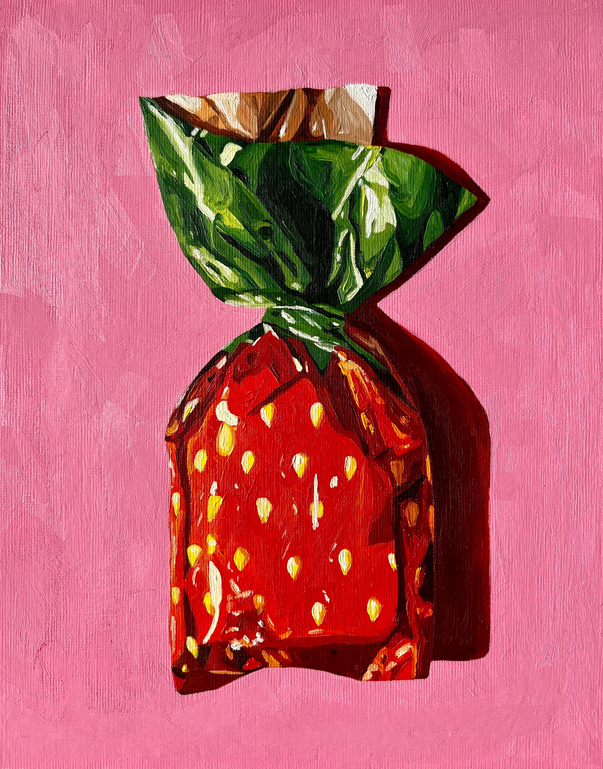 Pink Strawberry Bon Bon Oil Painting, Candy, Original Still Life