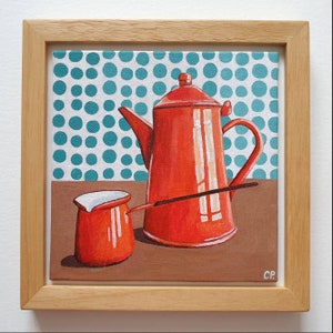 Coffee Pot Painting, Original Acrylic Oil Painting, Still Life Painting, Vintage Enamel Orange Pot, Object, 6x6 Inches Canvas image 4