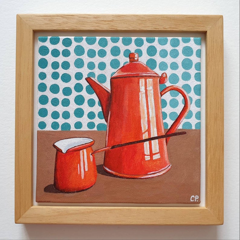 Coffee Pot Painting, Original Acrylic Oil Painting, Still Life Painting, Vintage Enamel Orange Pot, Object, 6x6 Inches Canvas image 4