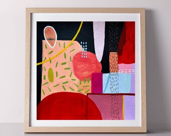 May include: Abstract art print in a light wood frame. The artwork features a composition of geometric shapes and lines in red, pink, black, yellow, and blue. The painting has a modern, colorful aesthetic.