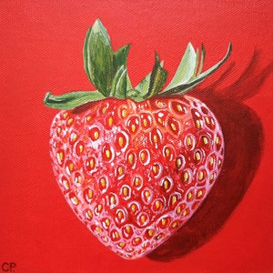 Peinture aux fraises, peinture de fruits réaliste, nature morte originale, art de la cuisine, fraise en forme de coeur, rose, toile de 6 x 6 pouces