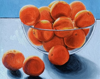 Oranges on Blue, Original Still Life Oil Painting, 10x10 Inches Canvas, Small Fruit Painting, Kitchen Art, Orange Bowl, Mandarin, Clementine