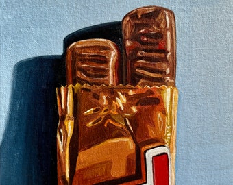 Twix on blue original oil painting, Chocolate bar, Original Still Life Painting, Kitchen Art, Food Sweets Painting, 8x8 Inches