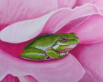 Green Frog Painting, Frog on a Pink Flower Painting, Original Animal Painting, Nature Art, 6x6 Inches Canvas, Pet Painting