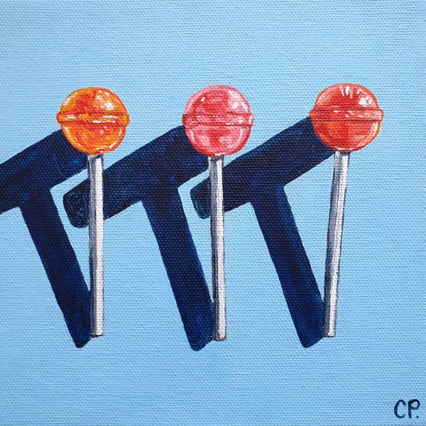 Peinture sucette, bonbons, Chupa Chups, peinture nature morte originale, art de la cuisine, sucette, bonbons, peinture, toile de 6 x 6 pouces