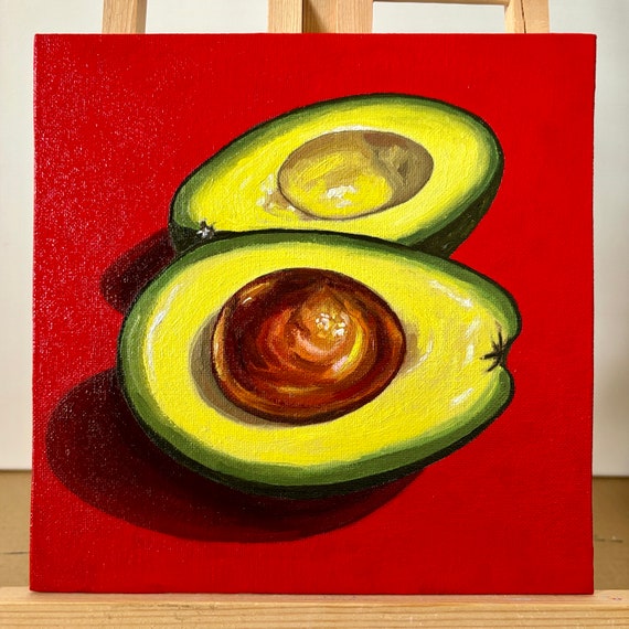 アボカドの油絵 アボカドの絵画、アボカドのオリジナル静物油絵、8x8インチの