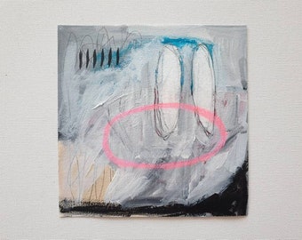 Peut inclure: Peinture abstraite avec un cercle rose, des formes blanches et bleues et des lignes noires sur un fond gris.