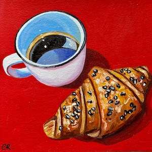 Café et croissant sur la peinture à l&#39;huile originale rouge, peinture originale de nature morte, art de cuisine, peinture d&#39;expresso, 6 x 6 pouces