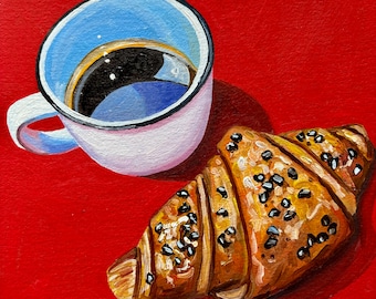 Café y croissant sobre rojo, pintura al óleo original, pintura de naturaleza muerta original, arte de cocina, pintura espresso, 6 x 6 pulgadas