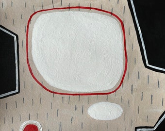 May include: Abstract art painting with a white oval shape outlined in red, a smaller white oval shape, and a red oval shape on a brown background with black lines.