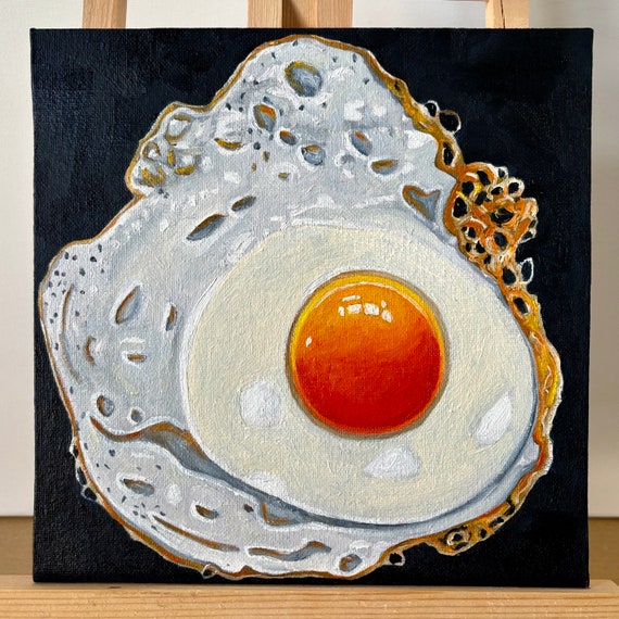 卵の絵、目玉焼きの油絵、オリジナルの静物画、キッチンアート、8x8 