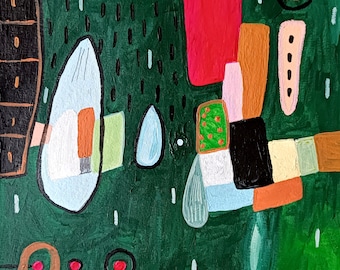 May include: Abstract painting with geometric shapes in shades of green, red, blue, brown, white, and orange. The painting features a variety of shapes, including circles, squares, rectangles, and ovals.