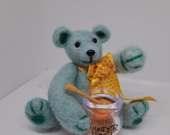 Needle felted bear, movable Felt animal, BeeKeepers Gift, Handmade OOAK, posable bear, little Honey jar, card, SALE