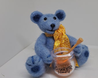 Needle felted bear, BeeKeepers Gift, Handmade OOAK, Felted Animal, posable bear, little Honey jar, SALE