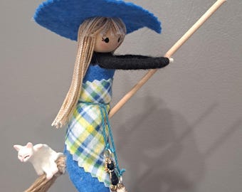 Handmade Wool Felt Kitchen Witch Doll, Good Luck Charm OOAK Hanging Figurine Flying on her broom