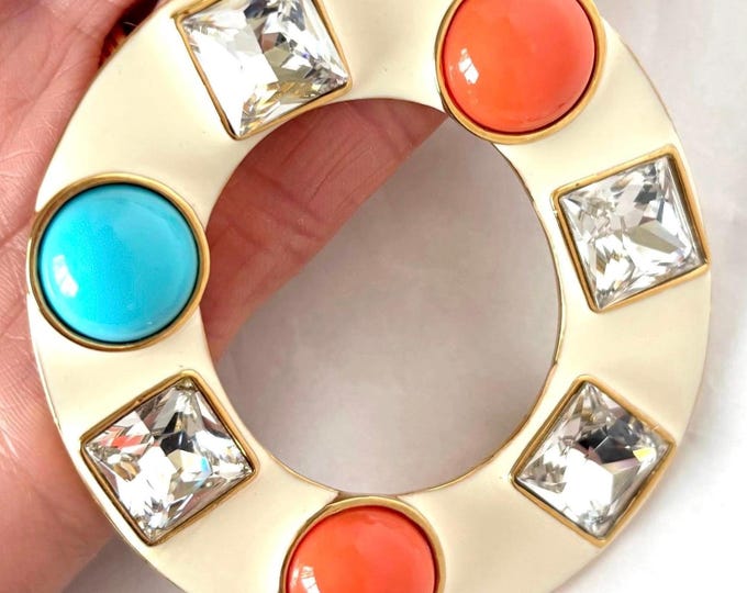 Kenneth Lane (KJL) signed OVERSIZED faux Turquoise, Coral vintage Pendant & chain ~34"