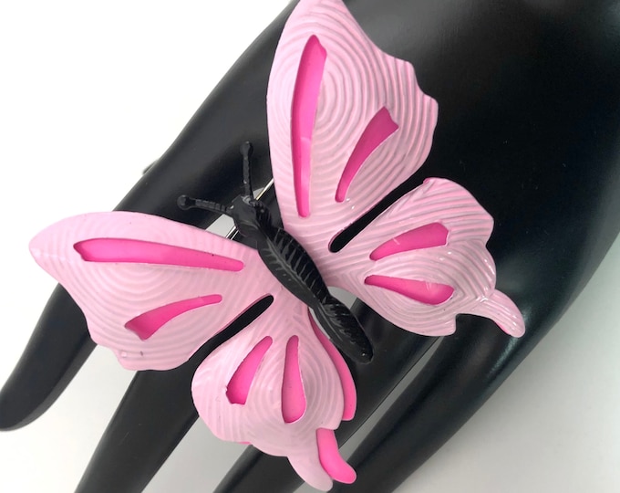 Neon Pink and Black metal, enamel "Flower Power" Butterfly Pin ~fun, mid-century costume jewelry