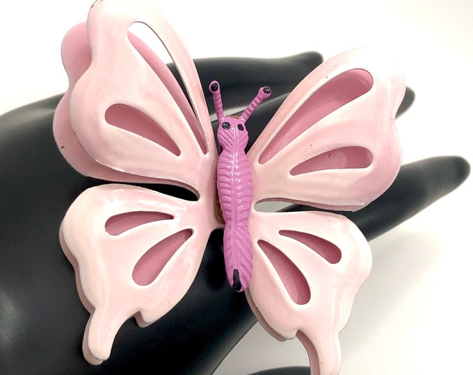 Ballerina Pink, Orchid, and Black metal & enamel "Flower Power" Butterfly Pin ~fun, mid-century costume jewelry
