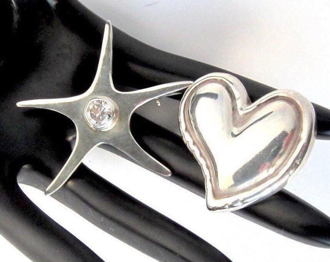Mexico Sterling Silver (925) signed Puff Heart & Star Pin Set ~28 gms of pretty, vintage jewelry
