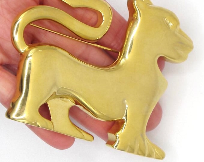 Huge Mythical Griffin Lion Pin signed “C” in gold-tone  metal ~49 gms of impactful, runway-ready, vintage costume jewelry