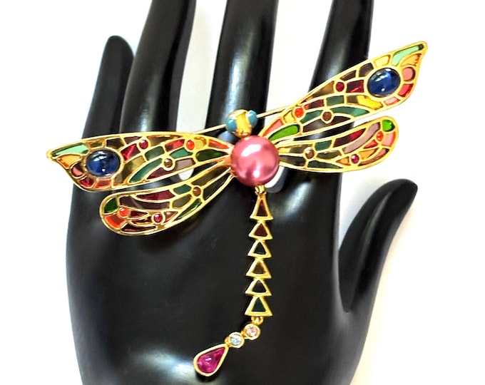 Joan Rivers signed Pique a Jour stained glass Butterfly brooch ~vintage, collectible customer jewelry