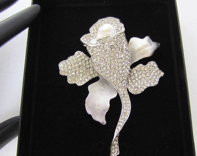 Joan Boyce signed romantic ROSE pin with crystals & gunmetal finished ~pretty vintage costume jewelry