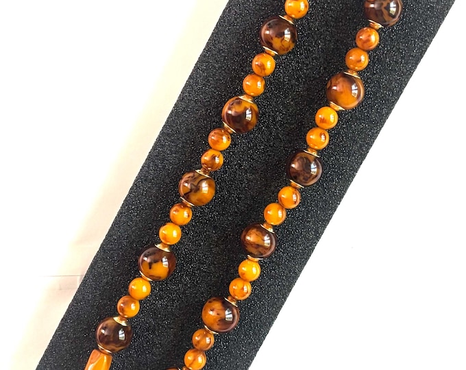 Bakelite tested Butterscotch, cocoa Marbled beaded Necklace ~21” length, ~43 gms with dramatic vintage beads