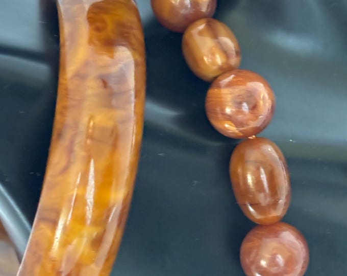 Mocha Bakelite tested marbled, beaded Necklace (18") and Bracelet Set~elegant vintage costume jewelry