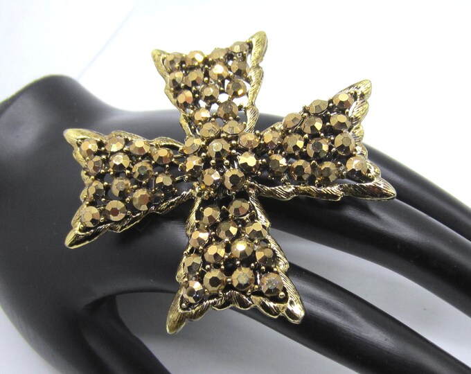 Weiss signed pretty bronze beaded crystal Maltese Cross Pin ~24 gms, 2-1/2" of vintage costume jewelry