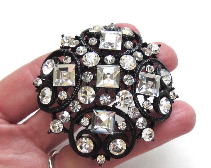 M Jent signed signed clear crystal & black enamel domed Pin ~outstanding vintage costume jewelry