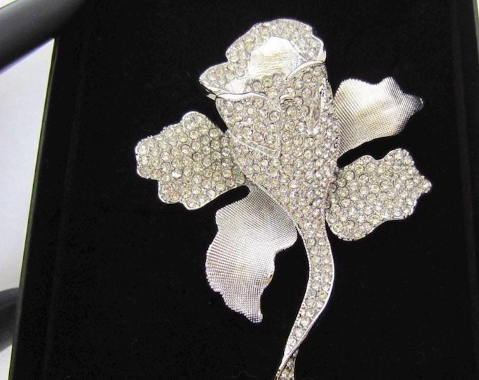 Joan Boyce signed romantic ROSE pin with crystals & gunmetal finished ~pretty vintage costume jewelry