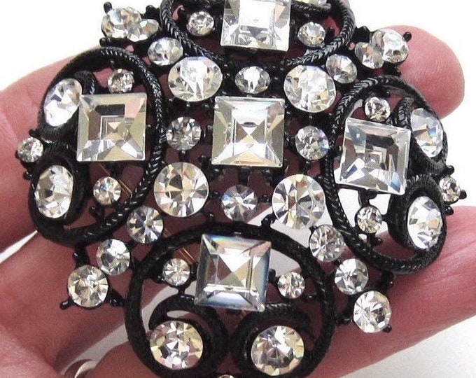 M Jent signed clear crystal & black enamel domed Pin ~32 gms of outstanding vintage costume jewelry