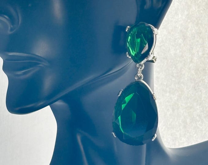 Kenneth Jay Lane signed Emerald GREEN "Jolie" oversized, Omega back (pierced) Earrings ~outstanding, collectible,  vintage costume jewelry