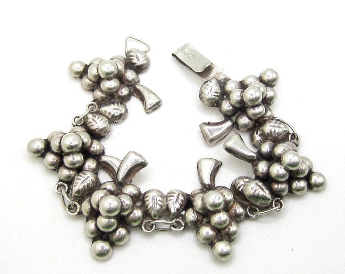 1940s Sterling Silver MEXICO signed repousse grape/leaf cluster panel link BRACELET ~23 gms, 7-1/2" x 1-1/4" of collectible vintage jewelry