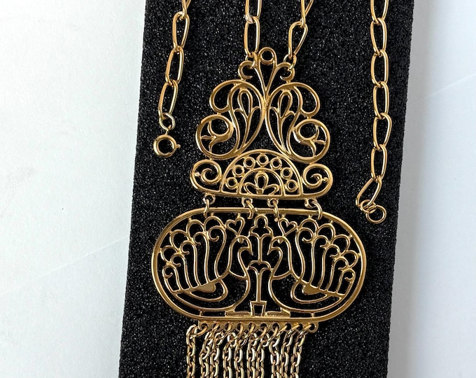 Trifari signed Peacock "stain glass" pendant & chain ~18" of mid century vintage jewelry