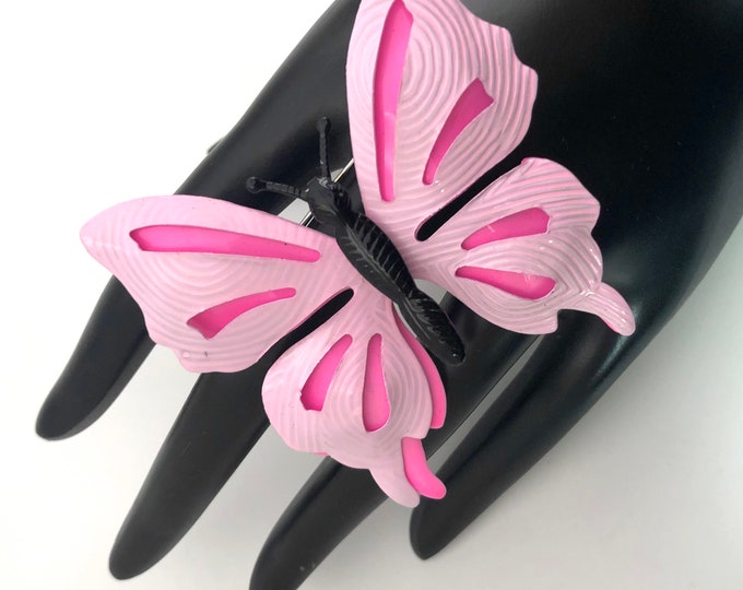 Neon Pink/Black metal, enamel Butterfly Pin ~mid-century costume jewelry