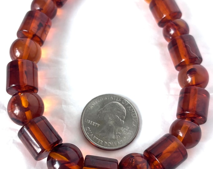 Bakelite tested translucent Root Beer round & barrel beaded Necklace ~18" + 2" extender