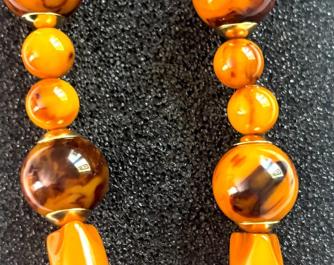 Bakelite tested Butterscotch, cocoa Marbled beaded Necklace ~21” length, ~43 gms with dramatic vintage beads