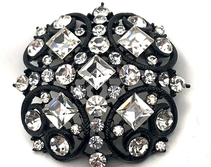 M Jent signed clear crystal & Black enamel domed Pin ~32 gms of outstanding vintage costume jewelry