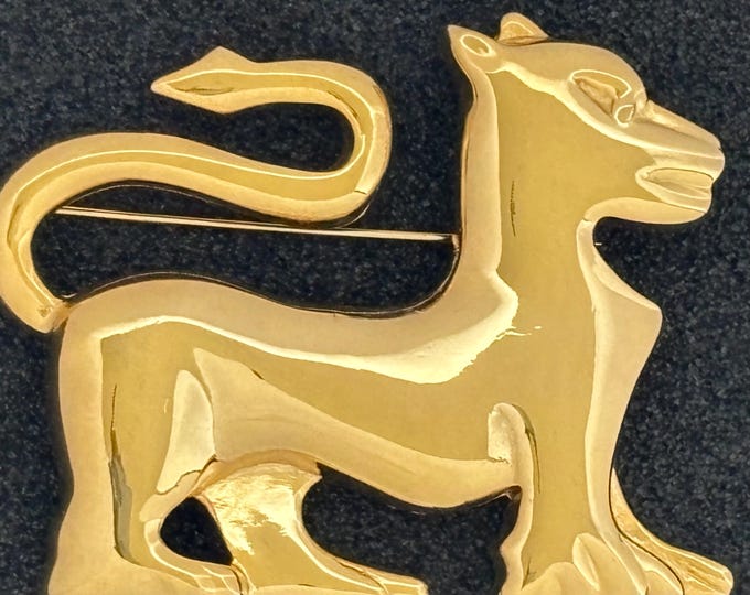Huge Mythical Griffin Lion Pin signed “C” in gold-tone  metal ~49 gms of impactful, runway-ready, vintage costume jewelry