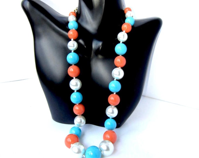 Nolan Miller signed Hand-Knotted, glass faux turquoise, coral, pearl beaded Necklace, org. box, pouch~17” + extender vintage costume jewelry
