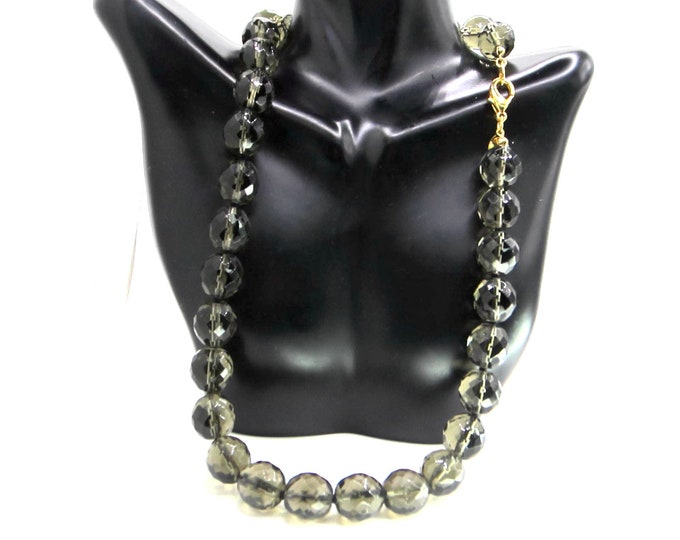 Joan Rivers signed chunky Gray-green, hand-knotted, crystal bead NECKLACE ~pretty vintage costume jewelry