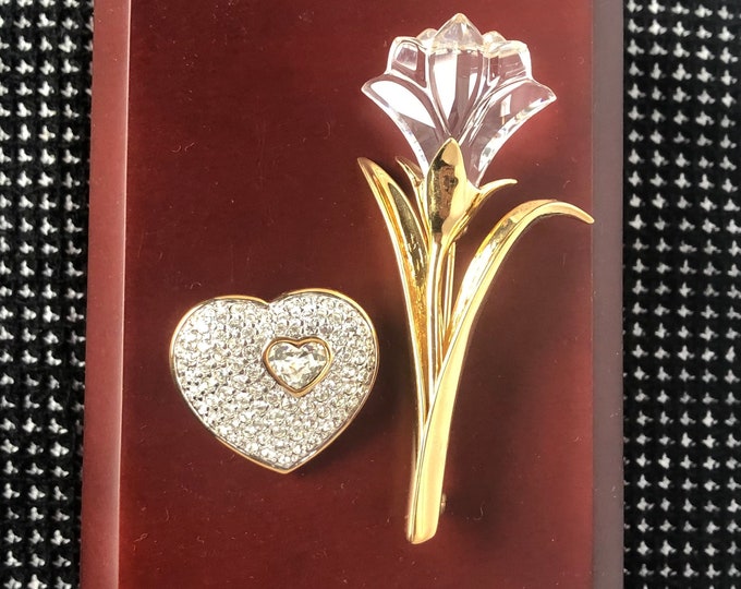 Swarovski Swan signed Heart and Flower pin set ~vintage costume jewelry