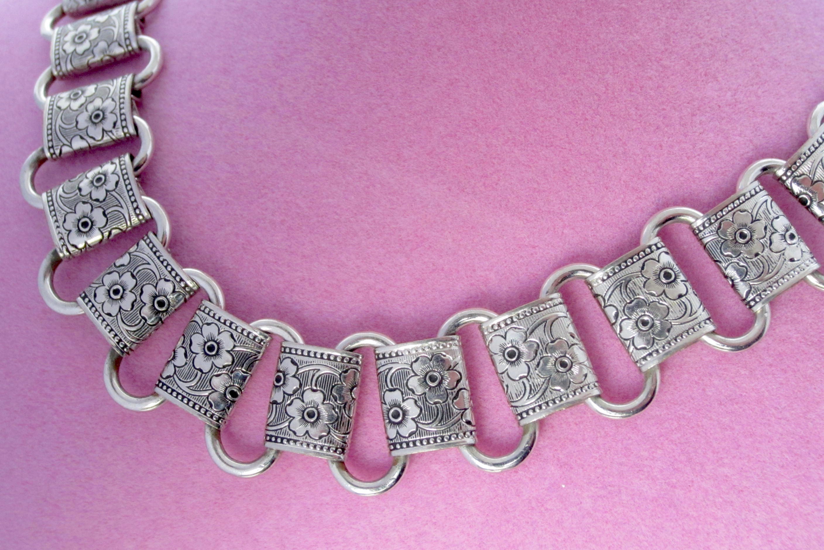 Flower embossed book chain panel silver tone Bracelet very pretty