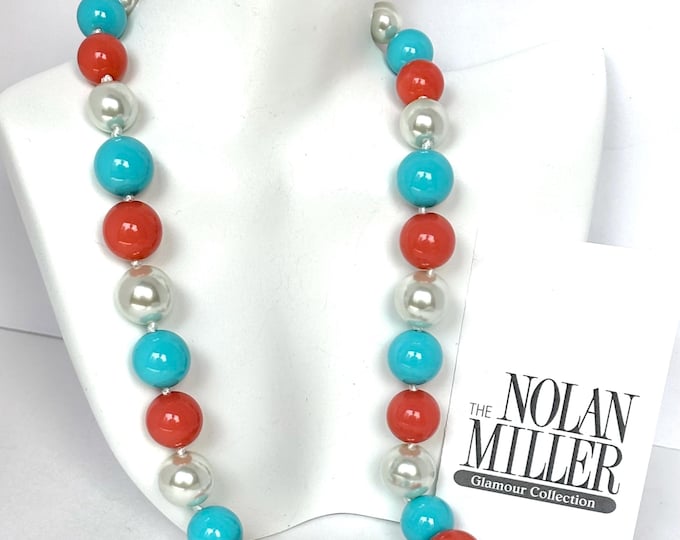 Nolan Miller signed Hand-Knotted, glass faux turquoise, coral, pearl beaded Necklace, org. box, pouch~17” + extender vintage costume jewelry