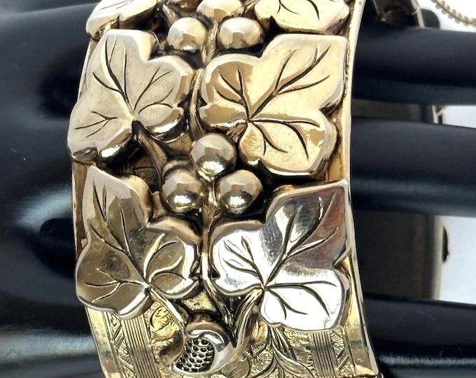 Grape-Vine motif, two-tone, vintage Clamper Bracelet ~2-1/2" x 2-1/8", 1-1/2" height