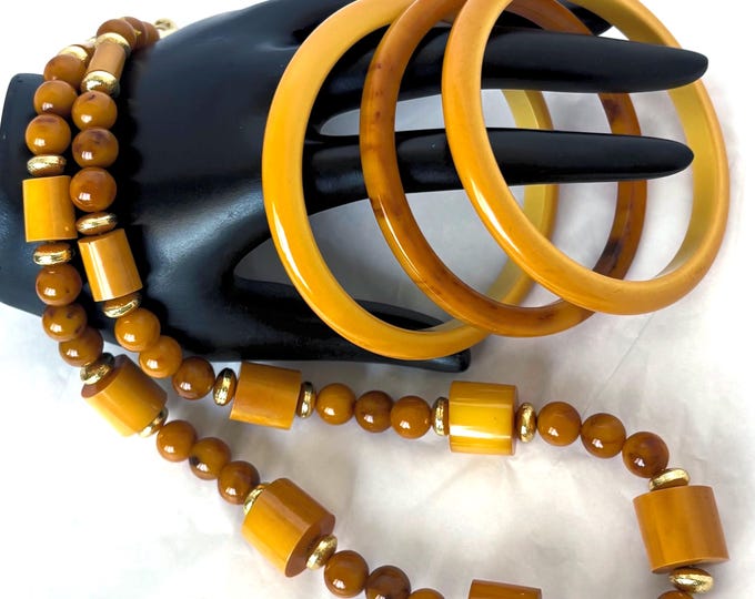 Bakelite tested Butterscotch/Custard Set with a Barrel-bead Necklace & Bracelet trio, ~21.5"