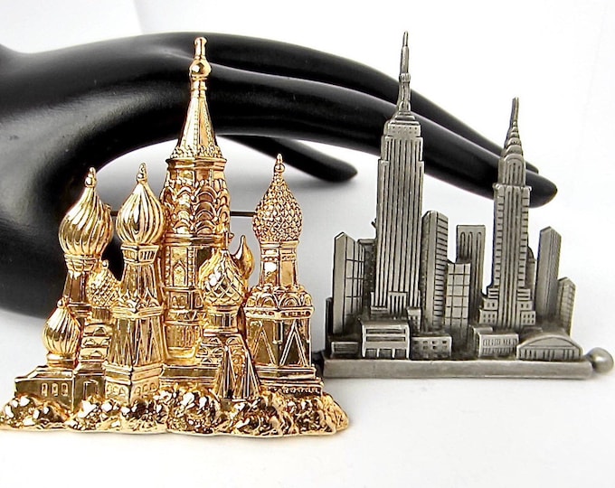 JJ signed Set: Russian Cathedral and New York, NY 1988 brooches ~vintage costume jewelry