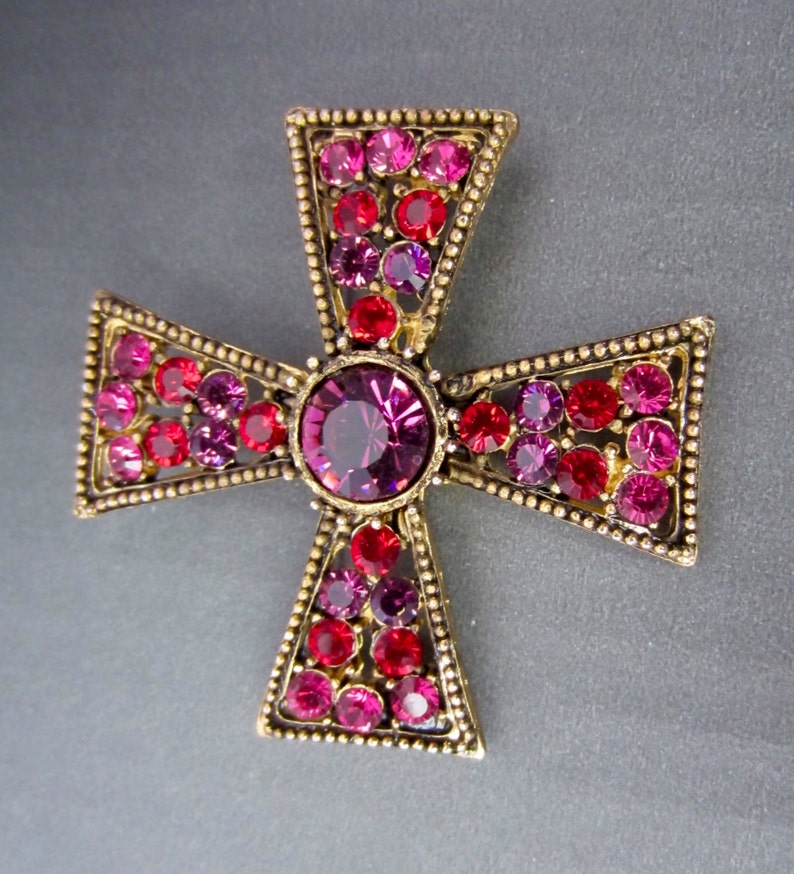 Pretty pink purple & red crystal MALTESE Cross pin vivid | Etsy