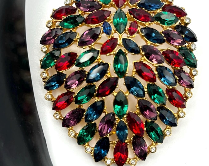 Big, beautiful Moghul-style "Peacock Tail" Pin with red, green, blue, & purple crystals ~36 gms of outstanding, vintage costume jewelry